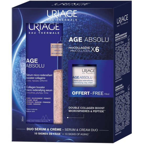 URIAGE AGE ABSOLU КОМПЛЕКТ микро-скулптуриращ уплътняващ серум за лице 30 мл + уплътняващ дневен крем против стареене 15 мл