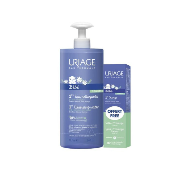 URIAGE BEBE 1ST КОМПЛЕКТ Почистваща вода без отмиване 1 л + подарък Крем при смяна на пелените 100 мл