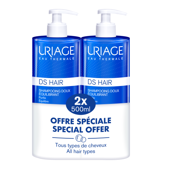 URIAGE DS HAIR DUO КОМПЛЕКТ нежен балансиращ шампоан против пърхот за всеки тип коса 2 х 500 мл