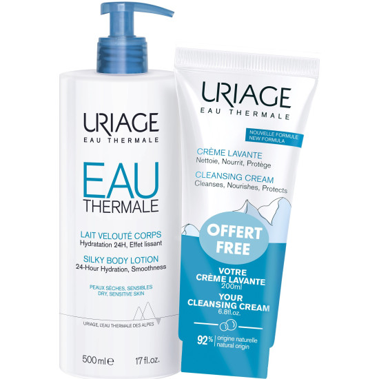 URIAGE EAU THERMALE КОМПЛЕКТ Silky Body Lotion копринен лосион за тяло 500 мл + почистващ душ-крем за лице коса и тяло 200 мл