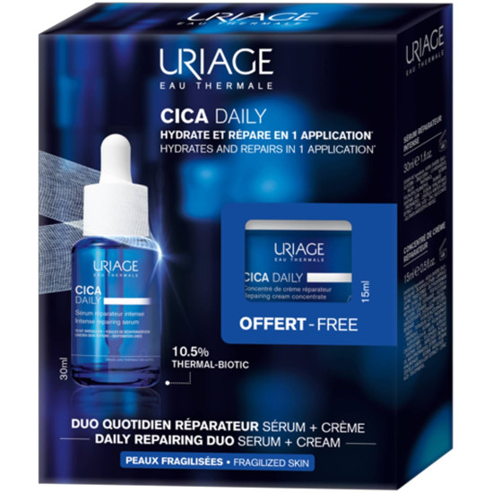 URIAGE CICA DAILY КОМПЛЕКТ серум за лице с преботик за всеки тип раздразнена кожа 30 мл + възстановяващ крем-концентрат 15 мл