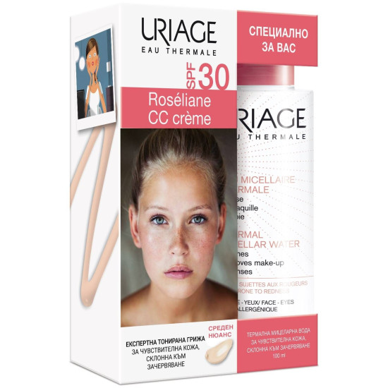 URIAGE ROSELIANE КОМПЛЕКТ CC тониран крем със SPF30 за лице с кожа розацея 40 мл + мицеларна вода 100 мл