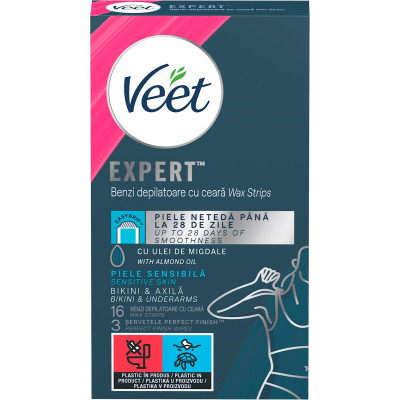 VEET EXPERT BIKINI & UNDERARMS депилиращи восъчни ленти за бикини линия и подмишници за чувствителна кожа х 16 бр
