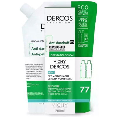 VICHY DERCOS ANTI-DANDRUFF DS OILY HAIR третиращ шампоан против пърхот за мазен скалп 200 мл + ECO REFILL 500 мл