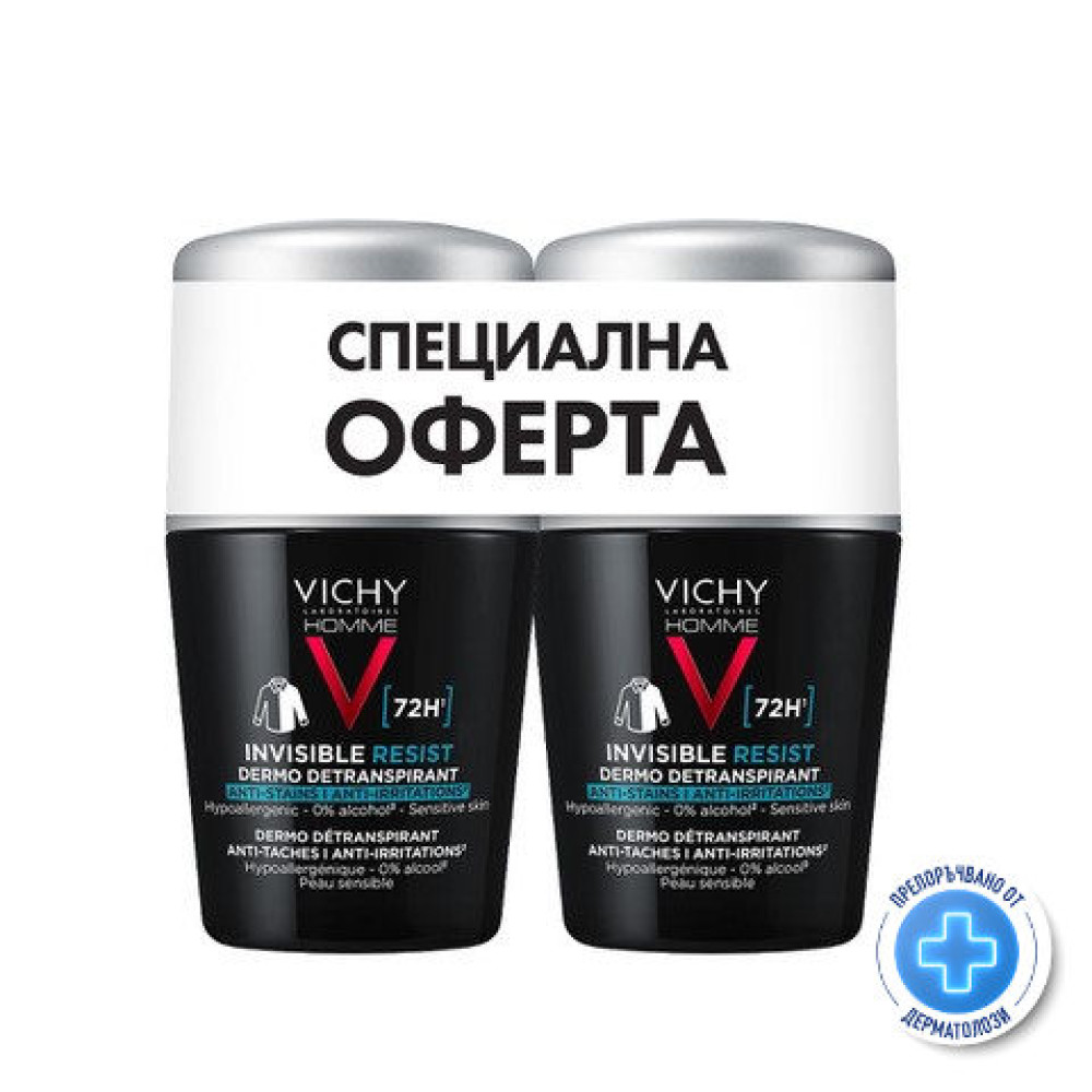 VICHY HOMME КОМПЛЕКТ ДЕЗОДОРАНТ рол-он против изпотяване петна и раздразнения 72ч за мъже 50 мл  x 2 бр - Грижа за тялото