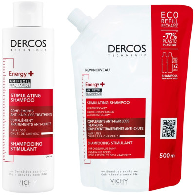 VICHY ПРОМО КОМПЛЕКТ DERCOS ENERGY+ стимулиращ шампоан против косопад 200 мл + ECO REFIL пълнител 500 мл