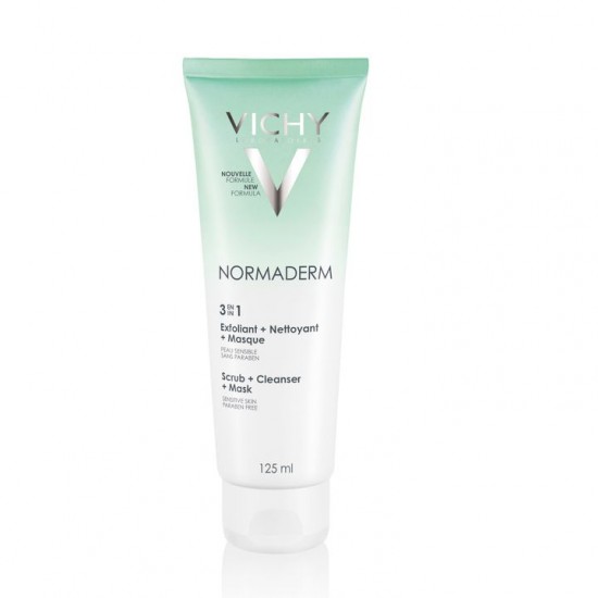 VICHY NORMADERM 3in1 CLEANSER SCRUB MASK почистващ гел ексфолиант и маска с тройно действие за мазна склонна към акне 125 мл