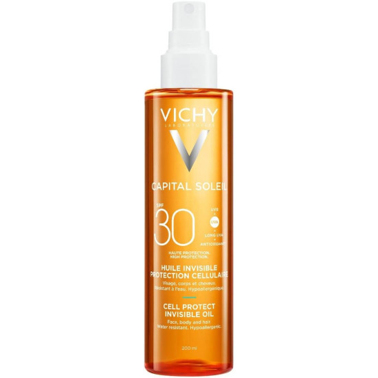 VICHY CAPITAL SOLEIL CELL PROTECT Invisible Oil SPF30 слънцезащитно олио за лице коса и тяло 200 мл