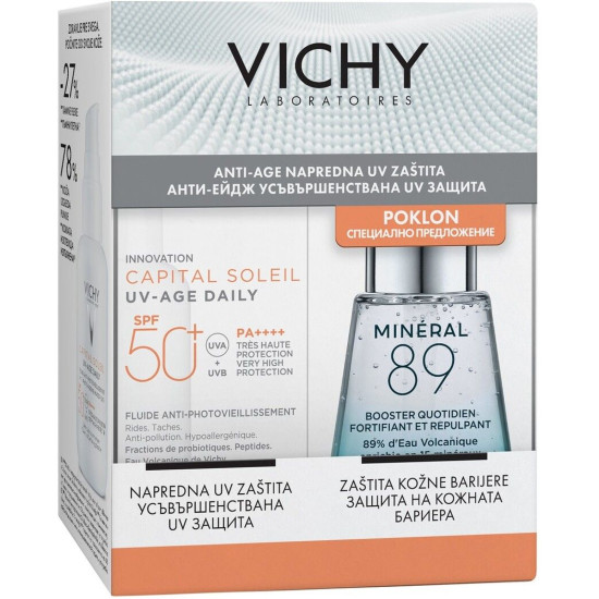 VICHY MINERAL 89 КОМПЛЕКТ DAILY BOOSTER гел-бустер 30 мл CAPITAL SOLEIL UV-AGE DAILY SPF50+ флуид против фотостареене 40 мл