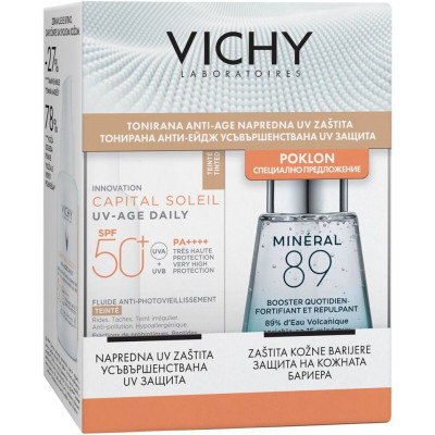 VICHY MINERAL 89 КОМПЛЕКТ гел-бустер 30 мл + CAPITAL SOLEIL DAILY TINTED SPF50+ тониран флуид против фотостареене 40 мл