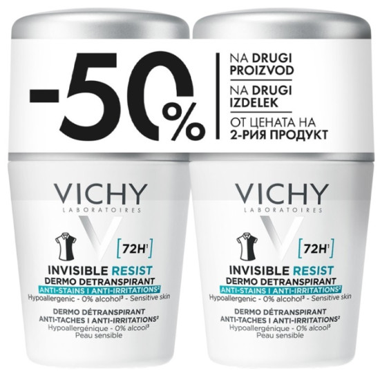 VICHY DEO DUO КОМПЛЕКТ INVISIBLE RESIST 72H део рол-он против изпотяване петна и раздразнения 72ч за чувствителна кожа 2 х 50 мл