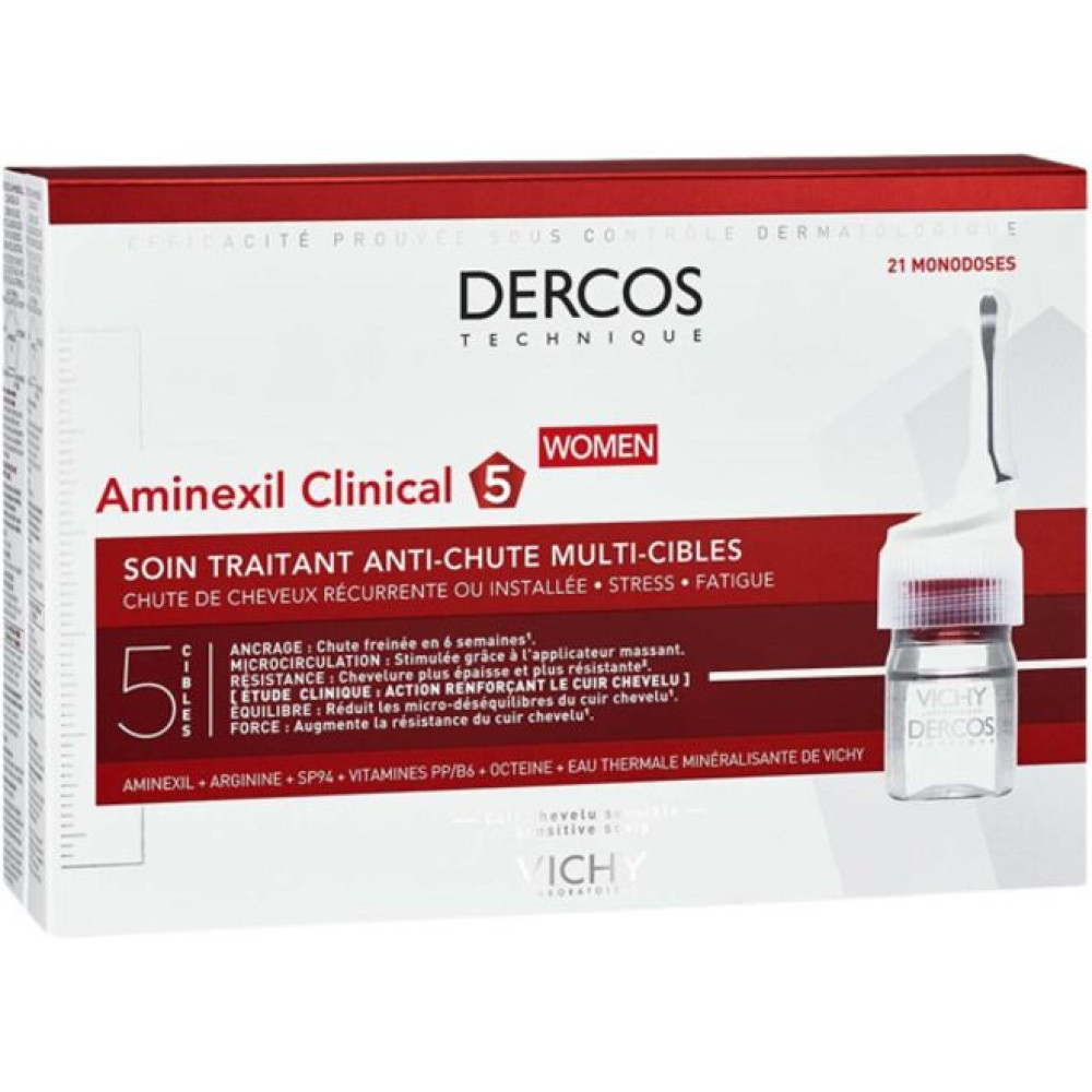 Vichy Dercos Aminexil Clinical 5 Мултиактивна третираща грижа против косопад за жени 12 ампули х 6 мл - Козметика за Коса