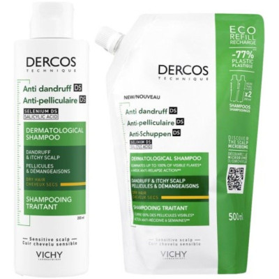 VICHY ПРОМО КОМПЛЕКТ DERCOS ANTI-DANDRUFF DS DRY HAIR третиращ шампоан против пърхот за суха коса 200 мл + ECO REFILL 500 мл