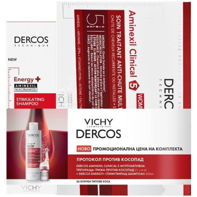 VICHY ПРОМО КОМПЛЕКТ DERCOS ENERGY+ стимулиращ шампоан против косопад 200 мл + AMINEXIL CLINICAL 5 ЖЕНИ 21 дози х 6 мл