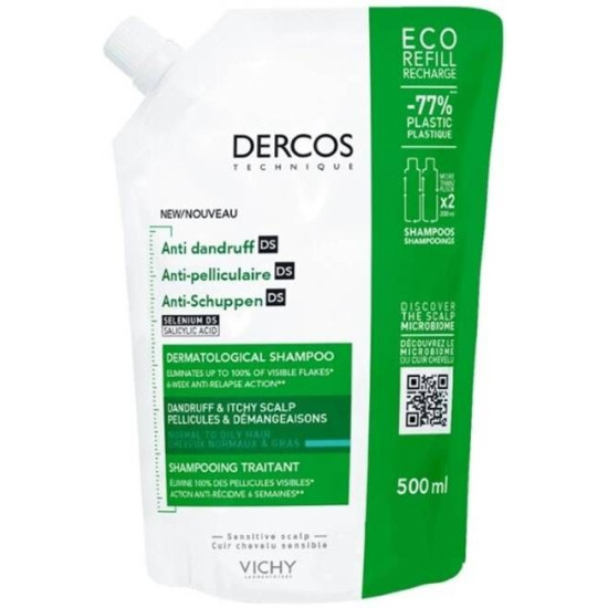 VICHY DERCOS ANTI-DANDRUFF DS NORMAL TO OILY HAIR третиращ шампоан против пърхот за нормална до мазна коса 500 мл ПЪЛНИТЕЛ
