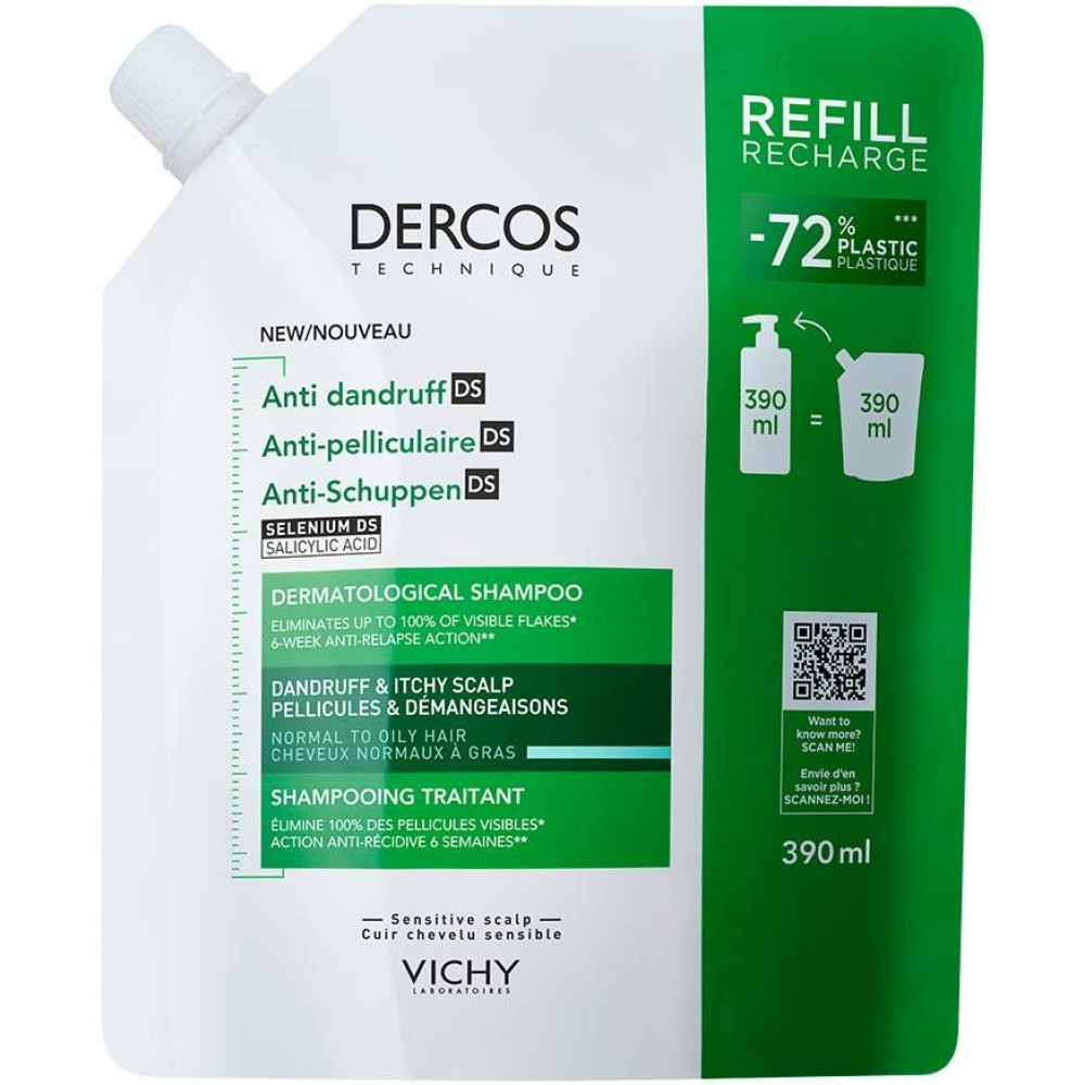VICHY DERCOS ANTI-DANDRUFF DS NORMAL TO OILY HAIR шампоан против пърхот и мазен скалп за нормална до мазна коса 390 мл ПЪЛНИТЕЛ - Грижа за косата