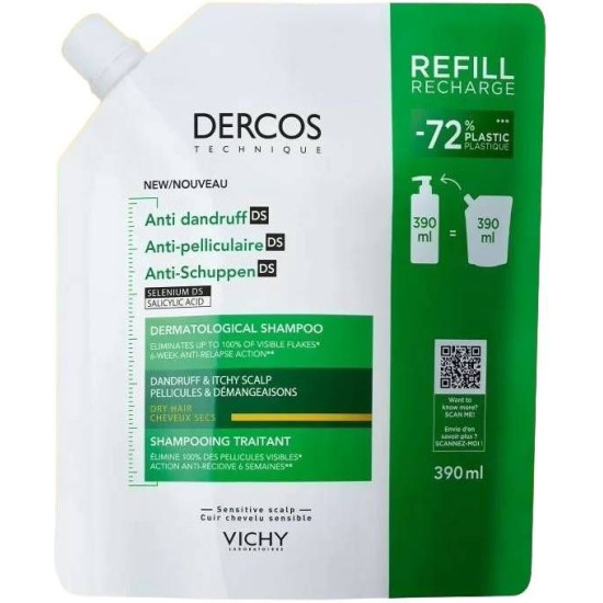 VICHY DERCOS ANTI-DANDRUFF DS DRY HAIR третиращ шампоан против пърхот за суха коса и раздразнен скалп 390 мл ПЪЛНИТЕЛ