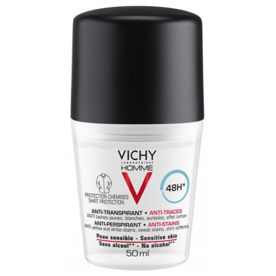 VICHY HOMME ANTI-STAINS 48H рол-он против изпотяване без жълти и бели петна за чувствителна кожа 50 мл