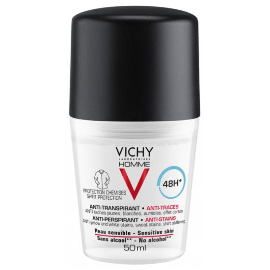 VICHY HOMME DEO ANTI-STAINS 48H рол-он против изпотяване без жълти и бели петна за чувствителна кожа за мъже 50 мл