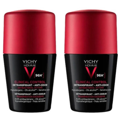 VICHY HOMME DEO DUO КОМПЛЕКТ CLINICAL CONTROL 96H део рол-он против изпотяване за чувствителна кожа за мъже 2 х 50 мл