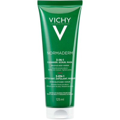 VICHY NORMADERM 3in1 CLEANSER SCRUB MASK почистващ гел ексфолиант и маска с тройно действие за мазна склонна към акне 125 мл