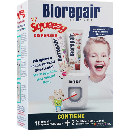 ᐉ БИОРИПЕЪР JUNIOR DISPENSER 0-6 КОМПЛЕКТ паста за зъби с вкус на ягода 50 мл + паста за зъби с вкус на грозде 50 мл