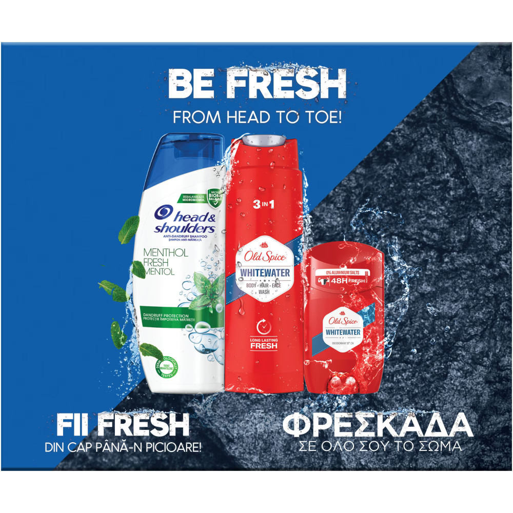 ОЛД СПАЙС BE FRESH комплект за мъже /душ-гел WHITE WATER 250 мл + стик WHITEWATER 50 мл + HEAD & SHOULDERS MENTHOL FRESH 225мл/ - Грижа за тялото