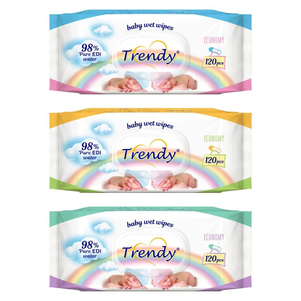 КЪРПИ МОКРИ ТРЕНДИ БЕБЕ 3 цвята х 120 бр /с капак/ - Бебешка и детска козметика