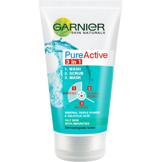 GARNIER PURE ACTIVE 3in1 CLAY почистващ гел + пилинг + маска за лице с глина за мазна кожа против несъвършенства 150 мл