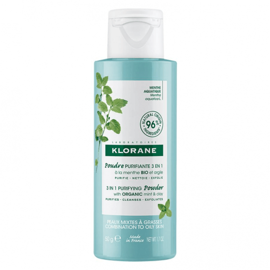 KLORANE 3in1 PURIFYING POWDER WITH ORGANIC MINT & CLAY почистваща пудра за лице 3в1 с органична водна мента за мазна кожа 50 г