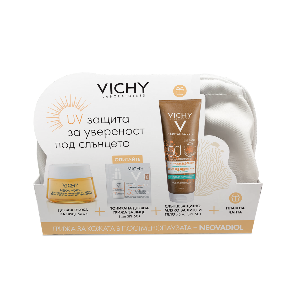 ВИШИ НЕСЕСЕР NEOVADIOL PERI-MENOPAUSE дневен крем за норм.кожа 50 мл + SOLEIL SPF50+ мляко 75 мл /промо п-т/ - Грижа за лицето