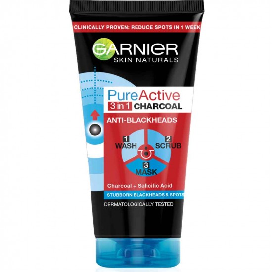 GARNIER PURE ACTIVE 3in1 INTENSIVE CHARCOAL почистващ гел + пилинг + маска за лице с активен въглен при акне и черни точки 150мл