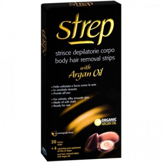 СТРЕП ARGAN FACE & SENSITIVE AREAS депилиращи ленти за лице и чувствителни зони х 20 бр /+ 4 бр кърпички/