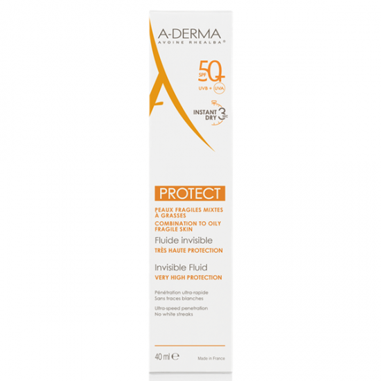 A-DERMA PROTECT INVISIBLE FLUID SPF50+ слънцезащитен невидим флуид за лице за комбинирана към мазна кожа 40 мл