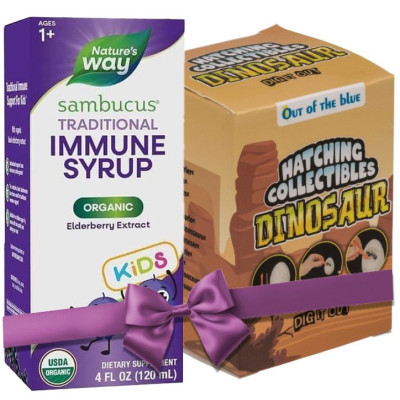 ПРОМО ПАКЕТ 11 САМБУКУС ЗА ДЕЦА /ОРГАНИК/ сироп 120 мл + ПОДАРЪК МИНИ ДИНОЗАВЪРЧЕ В ЯЙЦЕ