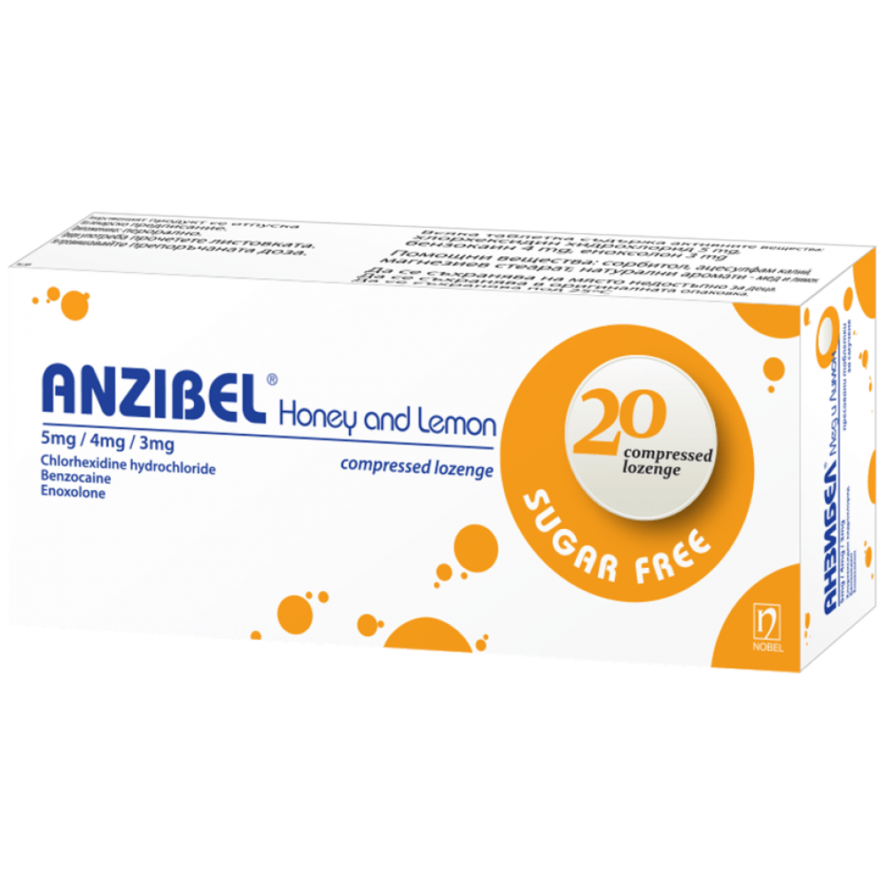 Anzibel honey and lemon 5 mg / 4 mg / 3 mg compressed sucking tablets 20 br. /Анзибел мед и лимон 5 mg / 4 mg / 3 mg пресовани таблетки за смучене 20 бр. - Кашлица и гърло