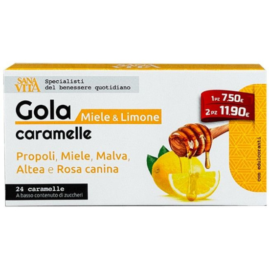 SANAVITA GOLA MIELE & LIMONE билкови бонбони ЗА ГЪРЛО с вкус на МЕД И ЛИМОН х 24 бр