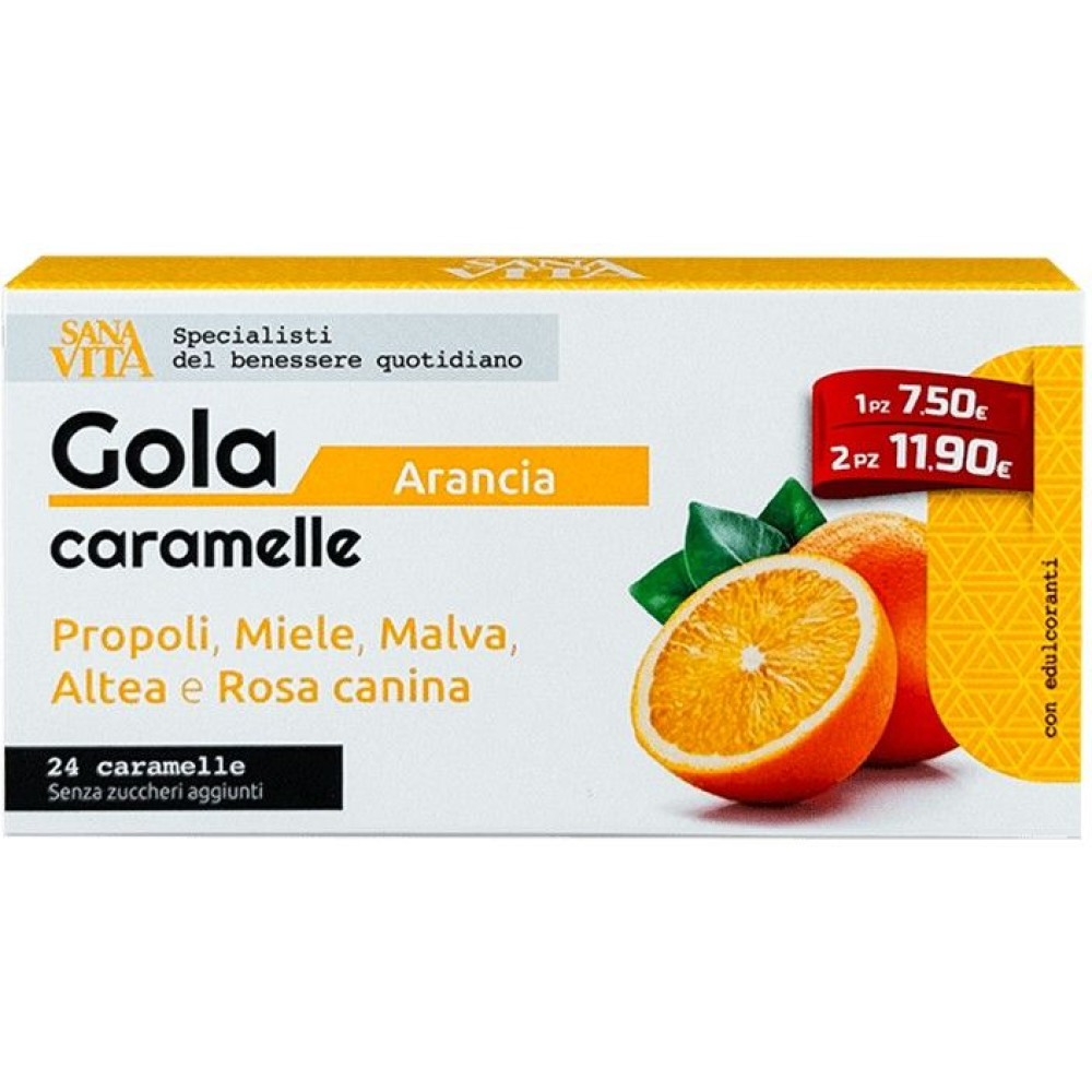 САНАВИТА GOLA ARANCIA билкови бонбони ЗА ГЪРЛО с вкус на ПОРТОКАЛ х 24 бр - Грип и простудни заболявания