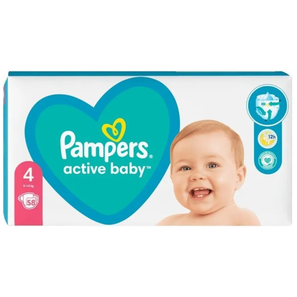 ПАМПЕРС ПЕЛЕНИ ACTIVE BABY 4 /9-14 кг/ х 58 бр + ПОДАРЪК МОКРИ КЪРПИ FRESH CLEAN x 52 бр - Грижа за детето