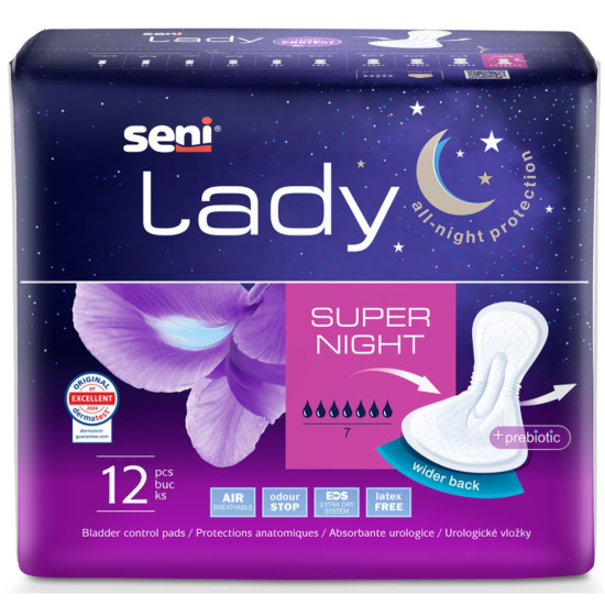 SENI LADY SUPER NIGHT /7 капки/ анатомични урологични превръзки при умерена инконтиненция х 12 бр