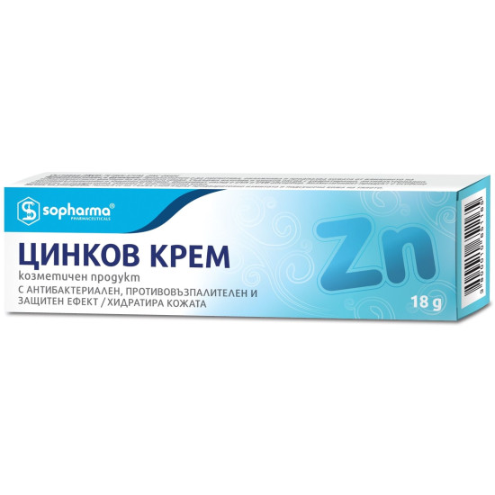 ЦИНКОВ КРЕМ 10% за тяло с хидратиращо антибактериално противовъзпалително и защитно действие 18 г СОФАРМА