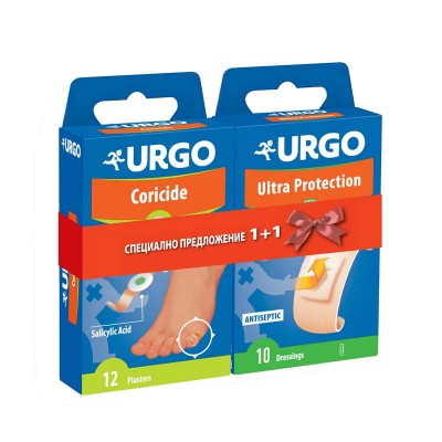 УРГО ПРОМО комплект Ultra Protection предпазващи лепенки за рани х 10 бр + Coricide пластири за мазоли и кокоши трън х 12 бр