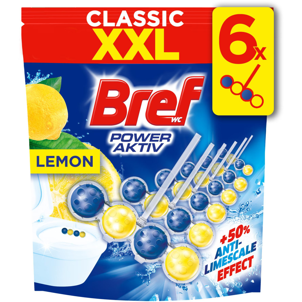 БРЕФ CLASSIC XXL POWER AKTIV LEMON твърдо тоалетно блокче с аромат на лимон 50 гр х 6 бр - За баня и WC