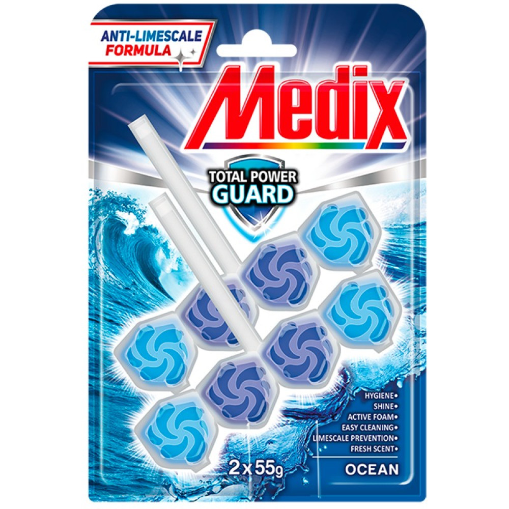 МЕДИКС WC TOTAL POWER GUARD OCEAN твърдо тоалетно блокче за хигиена и свеж аромат 55 гр х 2 бр - За баня и WC