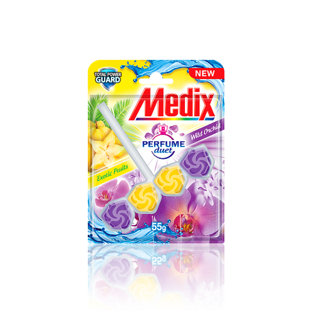 МЕДИКС WC TOTAL POWER GUARD PERFUME DUET Exotic Fruits & Wild Orchid твърдо тоалетно блокче за хигиена и свеж аромат 55 гр - За баня и WC МЕДИКС WC TOTAL POWER GUARD PERFUME DUET Exotic Fruits & Wild Orchid твърдо тоалетно блокче за хигиена и свеж аромат 55 гр - За баня и WC