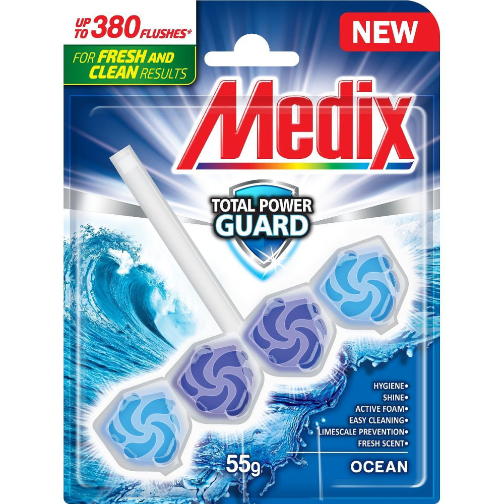 МЕДИКС WC TOTAL POWER GUARD OCEAN твърдо тоалетно блокче за хигиена и свеж аромат 55 гр - За баня и WC МЕДИКС WC TOTAL POWER GUARD OCEAN твърдо тоалетно блокче за хигиена и свеж аромат 55 гр - За баня и WC