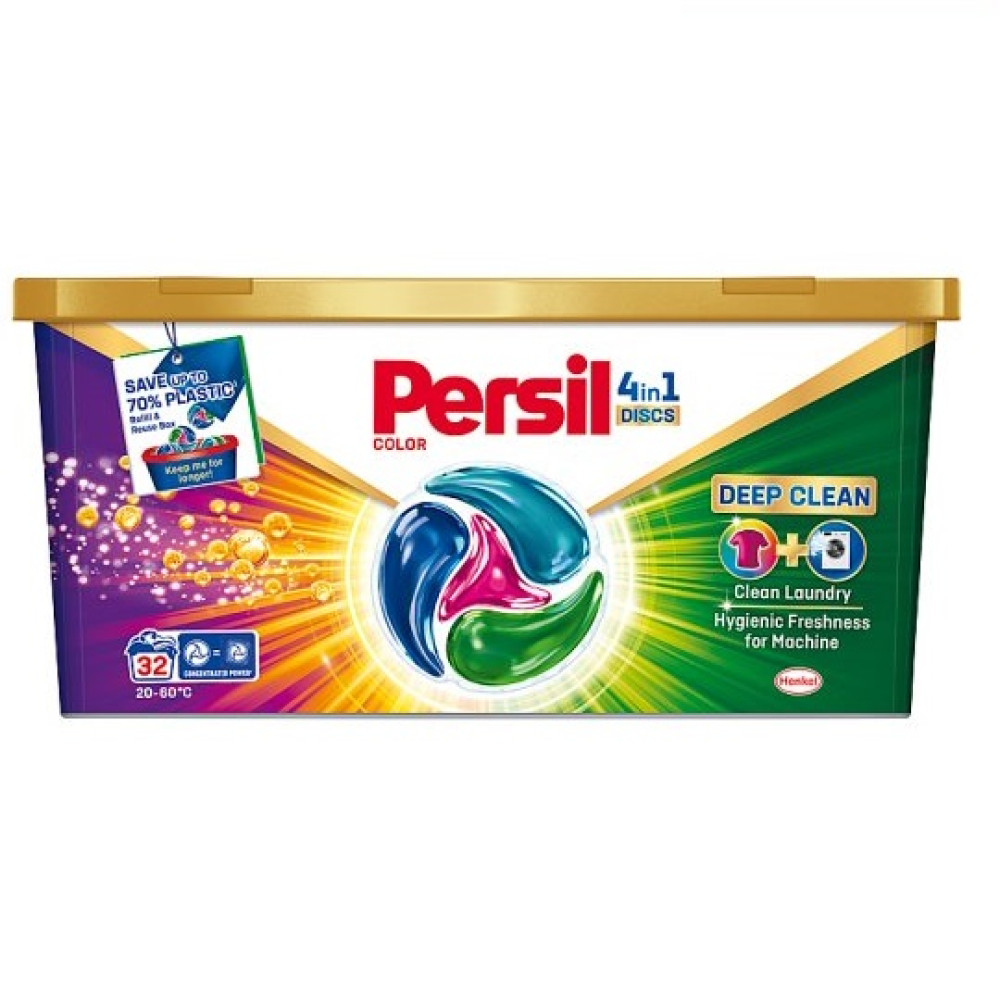 ПЕРСИЛ DISCS COLOR 4в1 концентриран перилен препарат за цветно пране диск 32 бр х 16,5 г кутия - Перилни препарати