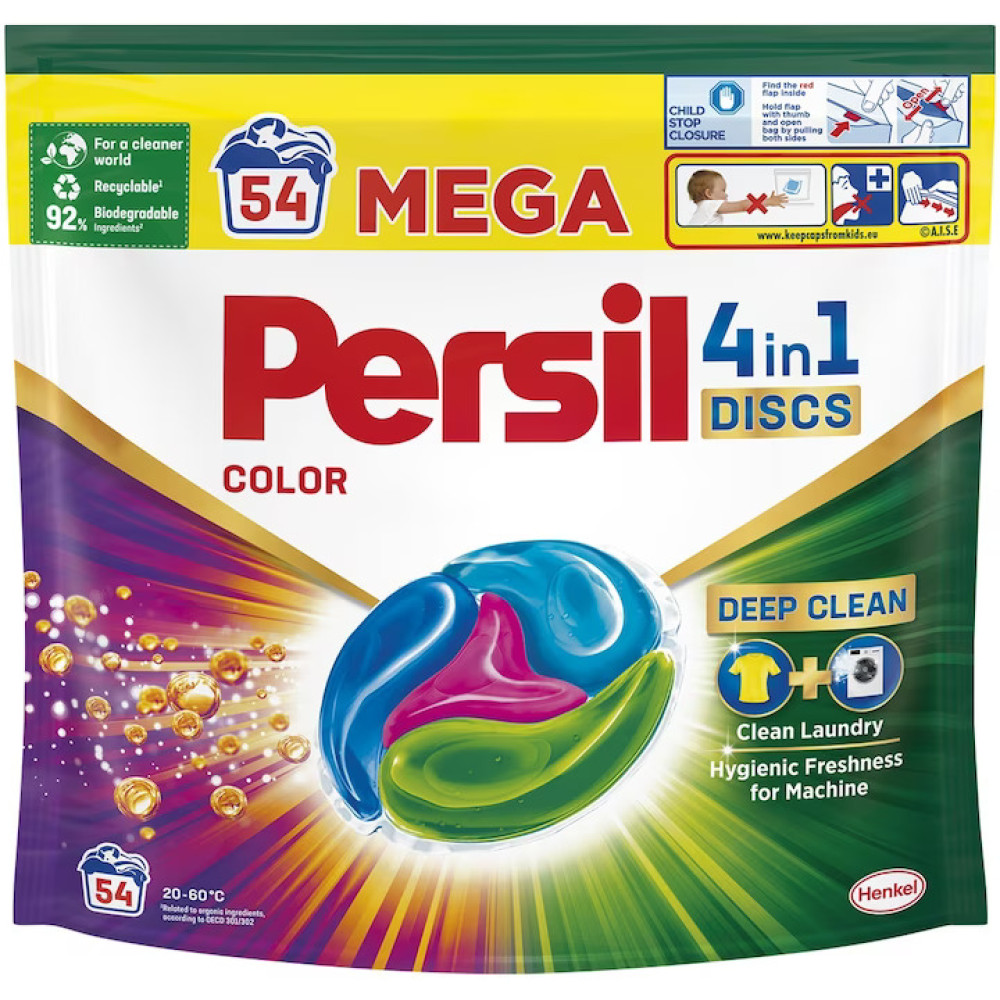 ПЕРСИЛ Discs Color ДИСК 4в1 КОЛОР концентриран перилен препарат на дози 891 г, 54 бр х 16.5 г - Перилни препарати