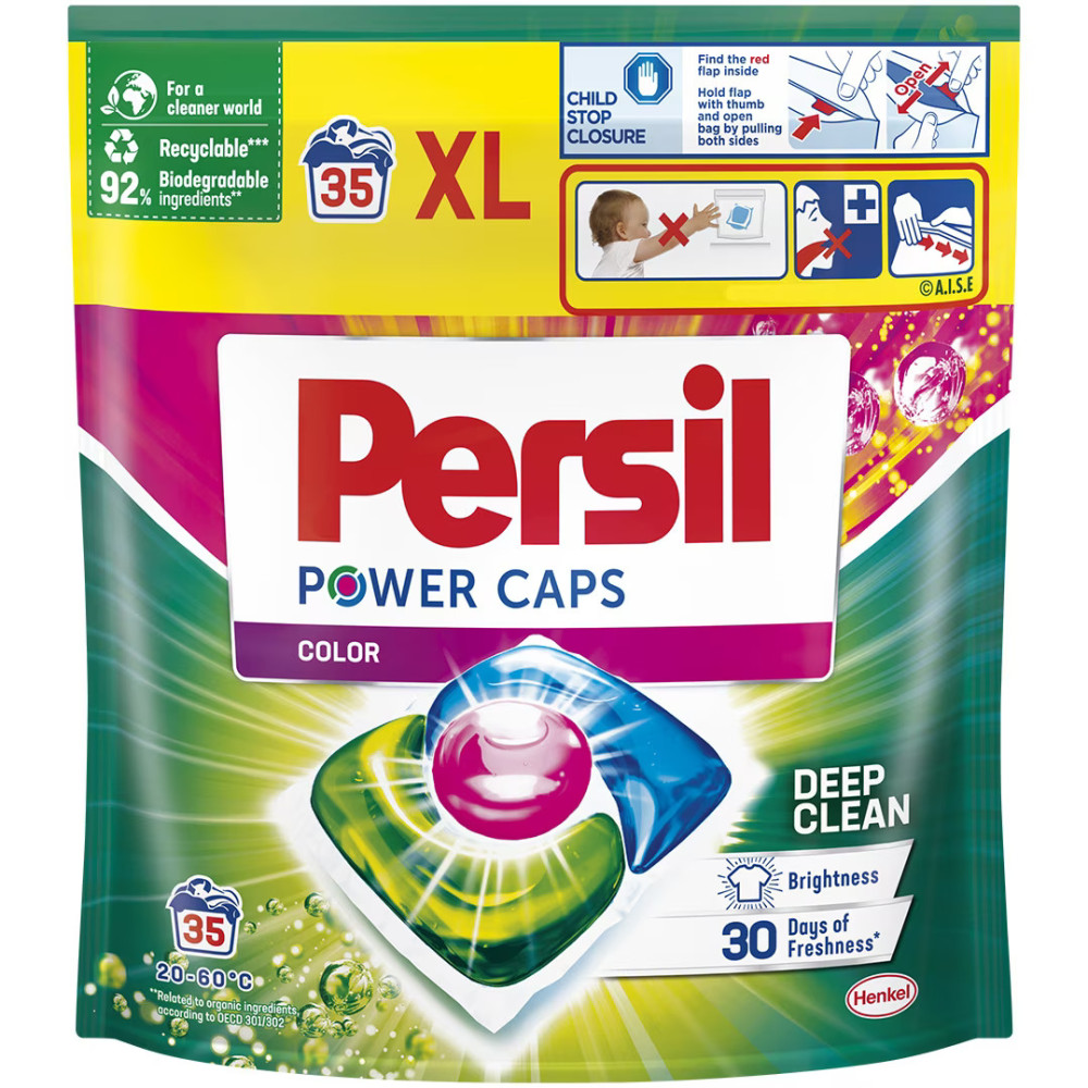 ПЕРСИЛ Power Caps Color концентриран перилен препарат за цветно пране на дози 490 г, 35 бр х 14 г плик - Перилни препарати