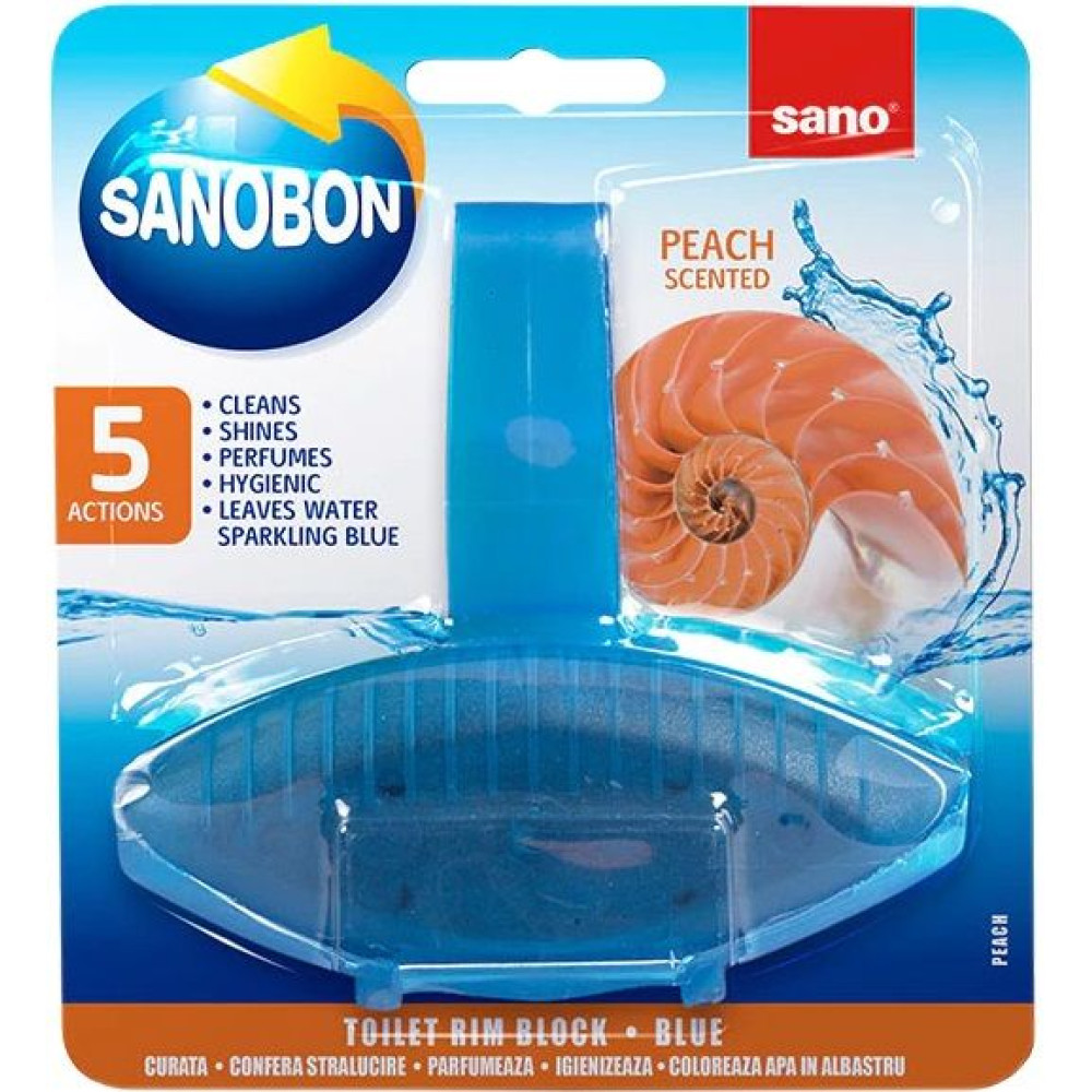 САНО САНОБОН WC+ твърдо тоалетно блокче ПРАСКОВА СИНЯ ВОДА 55 гр - Почистващи препарати